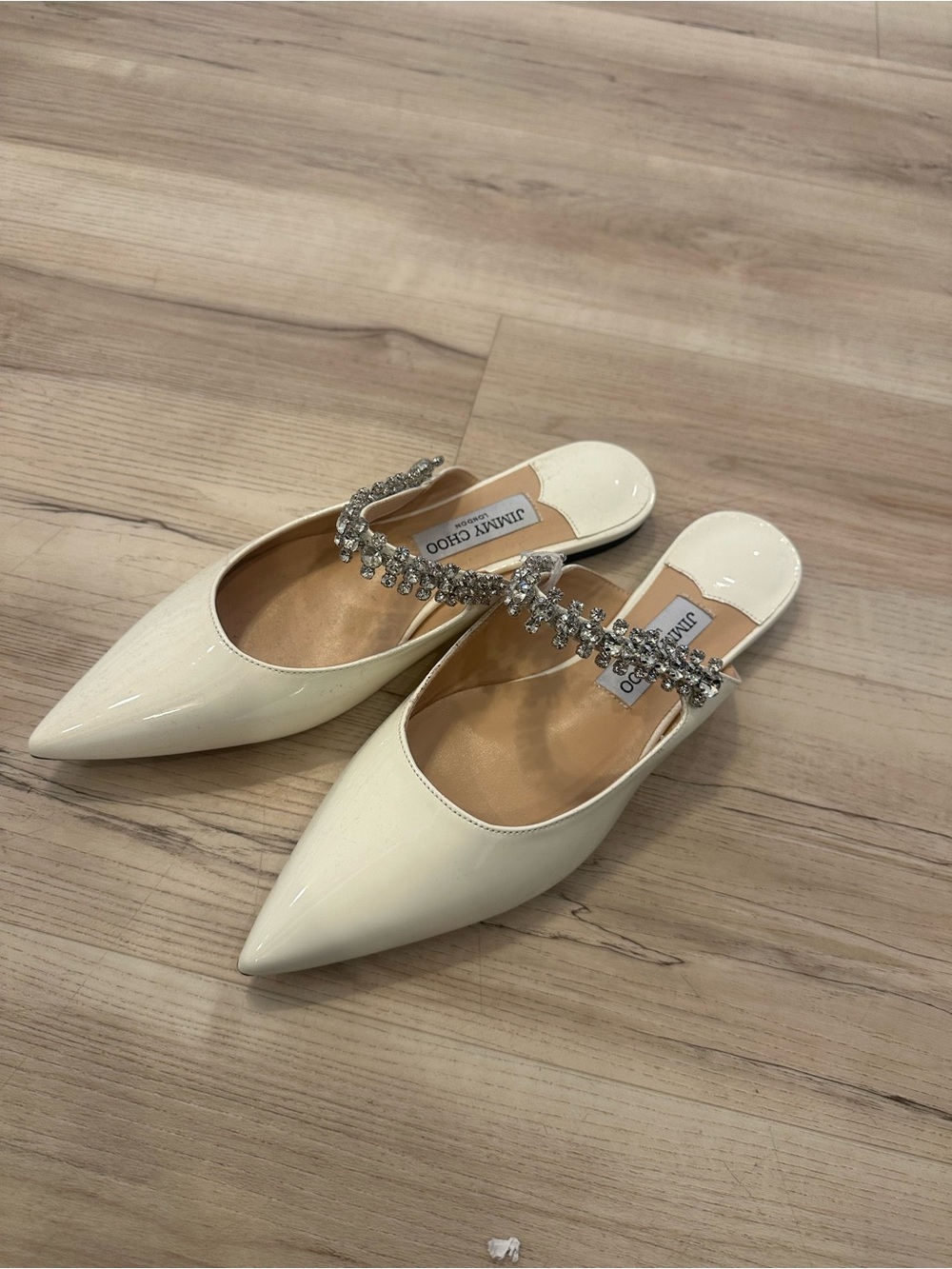 Jimmy Choo Ivory Patent Pointed Mule with Crystal Embellished Strap